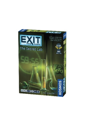 Exit: The Secret Lab - As volunteers for a medical research study, you report to a lab as instructed. But no one is there except for you! Vapor rises from a test tube and you start feeling dizzy. When you wake up again, the door is locked, and you discover a notebook and a strange disk ...

In Exit: The Game, players must use their team spirit, creativity, and powers of deduction to crack codes, solve puzzles, collect objects, and earn their freedom bit by bit. The hit escape room concept for home use. You must solve a series of riddles and puzzles to escape from a room. Each correct solution brings you to another riddle. How fast can you escape the room? Materials for 1 time use.

• Players: 1-4
• Age: 12+
• Time: 60-120 min. 
• Difficulty: Intermediate