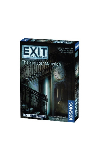 Exit: The Sinister Mansion - You are invited to be a guest at a palatial mansion, but upon arrival, you find yourselves forced to take part in a macabre game. The clock is ticking, and there is not much time left to solve the puzzles. Can you escape the mansion before it’s too late? 

In Exit: The Game, players must use their team spirit, creativity, and powers of deduction to crack codes, solve puzzles, collect objects, and earn their freedom bit by bit. The hit escape room concept for home use. You must solve a series of riddles and puzzles to escape from a room. Each correct solution brings you to another riddle. How fast can you escape the room? Materials for 1 time use.

• Players: 1-4
• Age: 12+
• Time: 60-120 min. 
• Difficulty: Intermediate