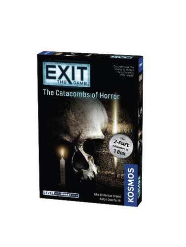 Exit: The Catacombs of Horror - Gloomy crypts lie under the city of Paris. The catacombs swallow city light, riddles, and, apparently, also people. After the mysterious disappearance of a friend in the catacombs, you and your team embark on a search party, making your way through the puzzling underground labyrinth. Will you be able to find your friend in time and escape this cavernous world of darkness? 2 in 1 Box. 

In Exit: The Game, players must use their team spirit, creativity, and powers of deduction to crack codes, solve puzzles, collect objects, and earn their freedom bit by bit. The hit escape room concept for home use. You must solve a series of riddles and puzzles to escape from a room. Each correct solution brings you to another riddle. How fast can you escape the room? Materials for 1 time use.

• Players: 1-4
• Age: 16+
• Time: 120-240 min. 
• Difficulty: Advanced