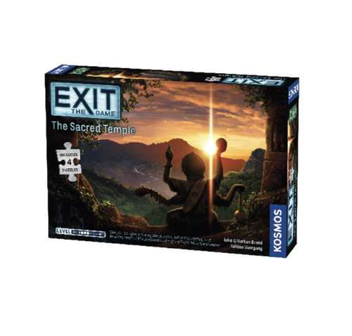 Exit: The Sacred Temple (Puzzle) - In EXIT: The Sacred Temple, you are racing through the jungle on a small island in the Indian Ocean, trying to save the professor and find the Sacred Temple before the treasure hunters do.
Only this time it’s different because there are riddles within riddles hidden within puzzles. Like other EXITs before it, this game has no game board! But it also has no cards; instead, in this new addition to the EXIT series, there are four puzzles, which you will find during play and assemble one section at a time, one puzzle after another. Each puzzle creates an image that will show you what you need to find in the game and what each room looks like. 
At the start of the game, all you have available to you are the puzzle bag containing pieces with a grayish-blue back and no pattern, and the decoder disk. But there are also strange items to be found within the game that may be used to help solve the riddles found in each of the puzzles.
The game ends when you have solved the last riddle and saved the Professor and the Temple!

• Players: 1-4
• Age: 10+
• Time: 120-180 min. 
• Difficulty: Intermediate