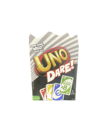 uno dare - The familiar fun race to yell “UNO!” comes with wild,
new choices! While playing the color and numbers matching game, you’re faced
with a decision: draw extra cards or take a dare! Dare cards come in 3
categories: Family, Show-Off and Daredevil, with 16 dares on each card, and 1
House Rules blank card where you can make up your own rules! You may end up
talking like a pirate until your next turn, or standing on one foot, or even
showing your best dance moves! What will you risk – drawing more cards or doing
something wild? Find out when you play this new version of the classic UNO™
game - if you DARE! And don’t forget to yell “UNO!”, even if you have to do it
like a pirate, matey! Comes with instructions and 112 playing cards. Colors and
decorations may vary.