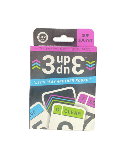 3 up 3 down - 3UP 3DOWN® card
game  
 Fast-paced, family-friendly
     discard game with a surprising finish
 THE GOAL: Get rid of your cards
     before your family and friends can
 THE SURPRISE: Three cards are not
     revealed until the very end - so you will need both strategy and luck
 Fun for kids and adults • 2-6
     players/deck • Ages 7+ • 3-minutes to learn - just watch the #3up3dnGame
     demo video • 10 minutes (or less) to play
 Perfect for game night,
     parties, holidays, vacations - basically any casual event with those you
     love
 3UP
3DOWN is so fast and fun, you’ll all say, “Let’s Play Another Round!”®    Highlights  
 Easy to learn, yet hard to put
     down
 Quick rounds give everyone a
     chance to win
 Simple enough for children, but
     also tons of fun for adults
 Subtle strategy and a little
     bit of luck
 Provides quality time away from
     phones and the television
 Makes a great gift - the
     perfect stocking stuffer
 What’s
included?  
 84 neon-colored (orange, green,
     and blue), casino-quality, bridge-sized cards
 English instructions














Note: For fun with more than 6 players, just add
another deck! Also, there are a few alternate spellings for 3UP 3DOWN; however,
even if you spell it 3 up 3 down, 3up3dn, 3up 3dn, 3 up 3 dn, or Three Up Three
Down, it will provide lots of laughs and positive entertainment for all.