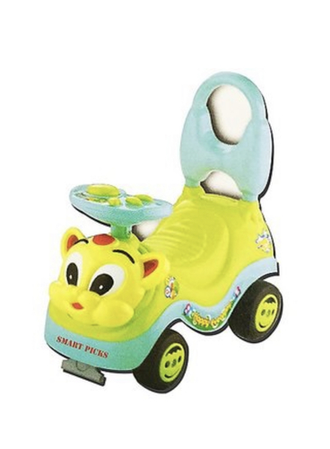 Green children's car - Rides: The package includes a push car for children from 1 to 3 years old. It can be ridden by children who can push it with their feet after sitting on it. Parents can also pay the car for their child if they don't want to pay it themselves. The car can bear a maximum weight of 15 kg.    Lights and Music: Lights and music add an extra level of fun to the ride. Your child can play and listen to music while riding. There is a dedicated button on the steering wheel to play or change the music.    The light flashes simultaneously with the music. It requires two AA batteries to unlock these features. [   DIRECTION STEERING WHEEL: The steering wheel allows your child to control the direction of the ride. They can turn the wheel left or right to make the ride go in the direction they want. It is easy for your child to hold the steering wheel. There is also a control panel with a horn and music buttons.    COMFORTABLE: The wide seat of the baby ride-on provides plenty of space for your child to sit comfortably. The seat is made of durable plastic, and is easy to clean. It also has a backrest that provides comfort and support for your child. It helps prevent them from getting tired while riding and prevents them from falling. The soft anti-slip wheels of the baby car provide a safe and stable ride for your baby.     Adorable Design: The adorable cartoon design adds a touch of magic to children's ride-on car toys, capturing your child's imagination and making their playtime more fun. There is a cute animal face on the front of the baby's car.