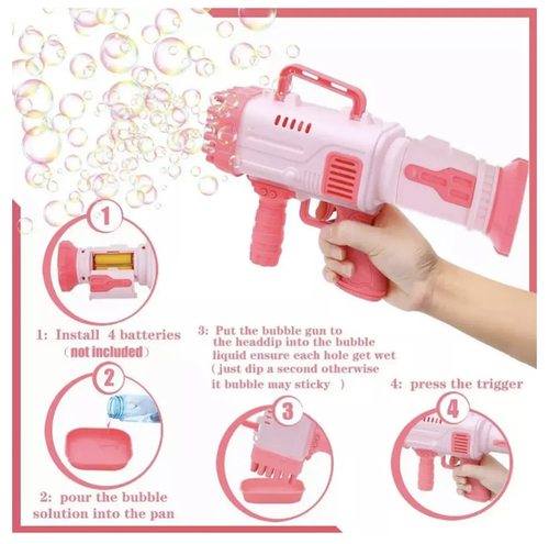 32 holes  bazooka bubble gun pink - 🔫32 Holes High
Output Bubble Gun - The bubble machine gun has colorful lights, just pull the
trigger instantly and the bubble gun will fire hundreds of colorful bubbles,
which is very dreamlike and amazing. Create a wonderful atmosphere with ease.
More joy for you and your family.   💗Quality
Materials - Made from nontoxic, durable and high quality ABS plastic with
superior toughness and rust protection. Ergonomic non-slip grips are used in
the structure, suitable for hands of all ages. There are no any sharp edges or
burrs so it won't harm anyone.   🌀Cool Fan Mode -
When you are tired of playing, the bubble machine can be used as a small fan to
bring cool and comfortable wind. Bright colors and creative designs make it the
best summer outdoor and indoor activity toy.   📦Product
included - 1 x bubble machine gun, 1 x bubble solution, 1 x bubble tray(not
included batteries). Bubble Machine Gun brings the rich and diverse world of
bubbles to life, allowing your kids to have more fun in the outdoors.    















🎁Ideal Gift -
Bubble maker is an ideal gift for kids on any occasion. Such as bubble themed
parties, entertainment, camping trips, beaches, birthday parties, carnivals,
weddings, halloween, barbecues, Christmas, outdoor garden yard etc. You can
also take many video photos with it, which will be a good gift choice.