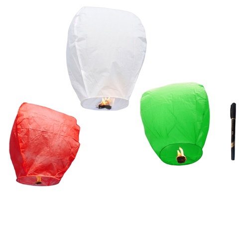 lanterns  box in the colors of the Kuwaiti flag - * A paper balloon is a good alternative to fireworks   * Balloon flying up to 40 meters   * Measures 50 * 30 cm   * Biodegradable, safe for the environment   * Anything can be written on the balloon   * How to use it:   1- Open the balloon completely   2- Installing the candle in the balloon   3- Wait a minute to a minute and a half after lighting the candle   * Important Notes:   1- Use it outdoors   2- Use by adults   3- Not to be used in times of rain and wind     It is available with the airship   A pen to write wishes    lighter