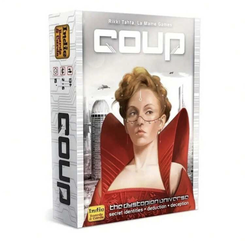 coup - You are head of a family in an Italian city-state, a city run by a
weak and corrupt court. You need to manipulate, bluff and bribe your way to
power. Your object is to destroy the influence of all the other families,
forcing them into exile. Only one family will survive...  In Coup, you want to be the last player with influence
in the game, with influence being represented by face-down character cards in
your playing area.  Each player starts the game with two coins and two influence –
i.e., two face-down character cards; the fifteen card deck consists of three
copies of five different characters, each with a unique set of powers:  Duke: Take three coins from the treasury. Block someone from taking
foreign aid.  Assassin: Pay three coins and try to assassinate another player's
character.  Contessa: Block an assassination attempt against yourself.  Captain: Take two coins from another player, or block someone from
stealing coins from you.  Ambassador: Draw two character cards from
the Court (the deck), choose which (if any) to exchange with your face-down
characters, then return two. Block someone from stealing coins from you.  On your turn, you can take any of the actions listed above,
regardless of which characters you actually have in front of you, or you can
take one of three other actions:  Income: Take one coin from the treasury.  Foreign aid: Take two coins from the
treasury.  Coup: Pay seven coins and launch a coup against an opponent,
forcing that player to lose an influence. (If you have ten coins or more, you
must take this action.)  When you take one of the character actions – whether actively on
your turn, or defensively in response to someone else's action – that
character's action automatically succeeds unless an opponent
challenges you. In this case, if you can't (or don't) reveal the appropriate
character, you lose an influence, turning one of your characters face-up.
Face-up characters cannot be used, and if both of your characters are face-up,
you're out of the game.  If you do have the character in question and choose to reveal it,
the opponent loses an influence, then you shuffle that character into the deck
and draw a new one, perhaps getting the same character again and perhaps not.  The last player to still have influence – that is, a face-down
character – wins the game!  A new & optional character called the Inquisitor has been added
(currently, the only English edition with the Inquisitor included is the
Kickstarter Version from Indie Boards & Cards. Copies in stores may not be
the Kickstarter versions and may only be the base game). The Inquisitor
character cards may be used to replace the Ambassador cards.   































Inquisitor: Draw one character card from
the Court deck and choose whether or not to exchange it with one of your
face-down characters. OR Force an opponent to show you one of their character
cards (their choice which). If you wish it, you may then force them to draw a
new card from the Court deck. They then shuffle the old card into the Court
deck. Block someone from stealing coins from you.