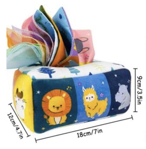 baby tissue box animals - All Sensitive Toy - Toddler Plush Box - Preschool Educational Tissue Box with Tiny Sensory Scarves for Your Kids. It has been switched to the chest, as it helps play.  Plush Tissue Box - 12 Outfits 3 Crinkled Tissue - Our tissue box offers 12 outfits, 3 crinkle colors. The vibrant colors and crunchy sound of the toy will grab their attention and help them develop their fine motor skills. In addition, it will enhance their color recognition, stimulate their hearing and vision development, and exercise their early brain development.        SAFE AND COLORFUL - We have created a safe and fun alternative for kids who love to play with tissue boxes and paper. Our tissue box is made of non-toxic materials, reinforced with strong stitching, and has a soft texture that is safe for your child to play with. Our tissue box provides hours of entertainment with its bright colors and crinkle sounds that kids are sure to love.   Brightly colored crinkle textures - The crinkle textures inside the toy provide tactile feel and sound that stimulate babies' hearing and senses, making them curious about these crinkle toys. Kids can learn while playing with them. This interactive playtime will improve sensory training and color and word recognition in children