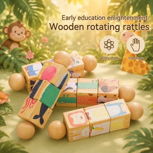 Wooden Animal Puzzle Toy for Toddlers 1-3, Rotating Spin Twist Blocks Set of 2, Learning Educational