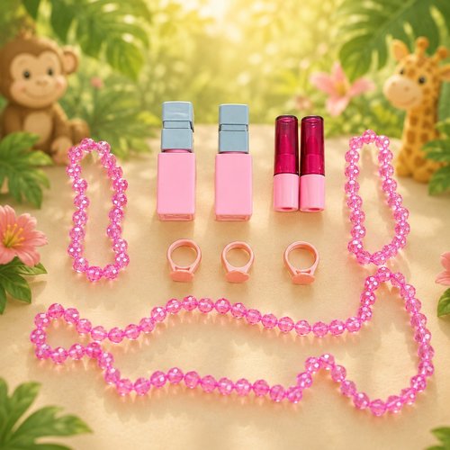 Children Girls Beauty Style Vanity Playset with Rolling Suitcase, Pink Makeup Table with Mirror, Pre