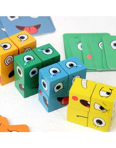 puzzle face - 【Fun Building Block Toy】The block puzzle toy has four colors blocks. Each side of the blocks has a different cartoon expressions and there are 50 cute emoticons on the directive cards. It looks very interesting so it can quickly arouse your child's interest. The cube expression blocks are made of eco-friendly wood covered with smooth and safe water-based paint which is odorless and non-toxic and perfect for children to play.【Numerous ways to arrange the cubes】Kids are enjoying making the faces from the cards and making their own faces. Great problem-solving skill development, small motor skill development, and self-esteem builder.【Family and Social Games】The sturdy packaging box makes this toy portable. Kids can play with their family members as well as their school classmates. This game promotes children's interpersonal skills and deepens friendships between children.【Improving Skills】The expression block toy has a cute and fun appearance so children will quickly concentrate on and enjoy this toy. It stimulates children's attention and enhances their hand-eye coordination, logical thinking, hands-on ability and fine motor skills. Also, the interesting game keeps children away from electronic screens, which helps protect their eyesight.