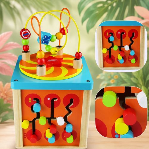 5 In 1 Wooden Cube Activity Center With Rotating Musical Bead Maze For Baby'S & Toddlers