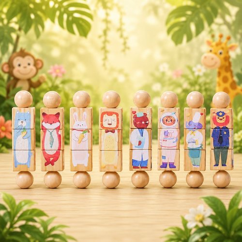 Wooden Animal Puzzle Toy for Toddlers 1-3, Rotating Spin Twist Blocks Set of 2, Learning Educational