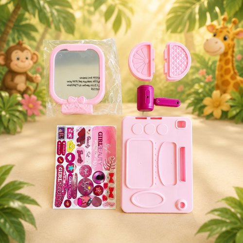 Children Girls Beauty Style Vanity Playset with Rolling Suitcase, Pink Makeup Table with Mirror, Pre