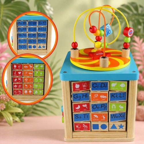 5 In 1 Wooden Cube Activity Center With Rotating Musical Bead Maze For Baby'S & Toddlers