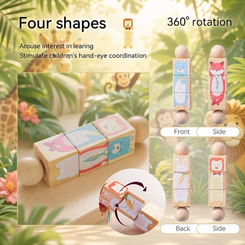 Wooden Animal Puzzle Toy for Toddlers 1-3, Rotating Spin Twist Blocks Set of 2, Learning Educational