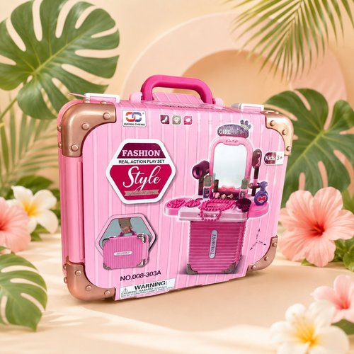Children Girls Beauty Style Vanity Playset with Rolling Suitcase, Pink Makeup Table with Mirror, Pre