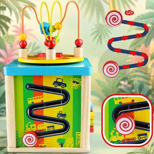5 In 1 Wooden Cube Activity Center With Rotating Musical Bead Maze For Baby'S & Toddlers