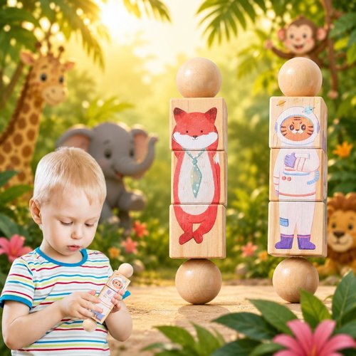 Wooden Animal Puzzle Toy for Toddlers 1-3, Rotating Spin Twist Blocks Set of 2, Learning Educational