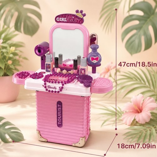 Children Girls Beauty Style Vanity Playset with Rolling Suitcase, Pink Makeup Table with Mirror, Pre