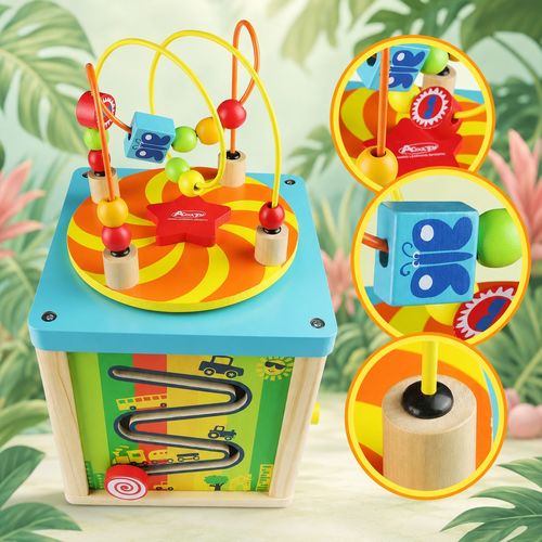 5 In 1 Wooden Cube Activity Center With Rotating Musical Bead Maze For Baby'S & Toddlers