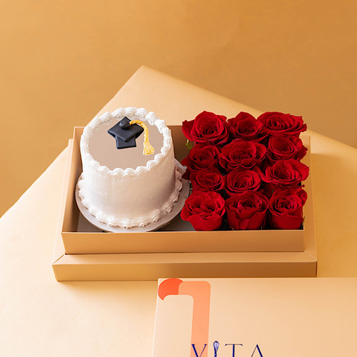 Join - Box contains graduation cake with red roses