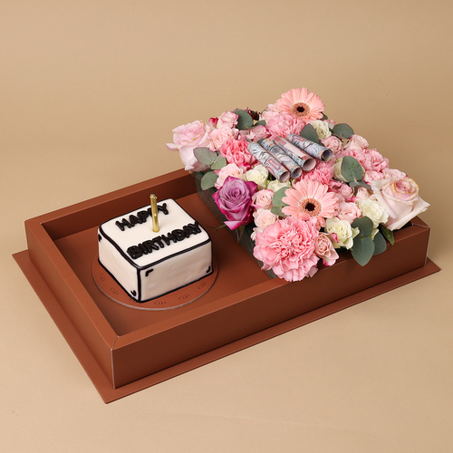 mod - Box containing mixed flower with cake and amount of money as per request