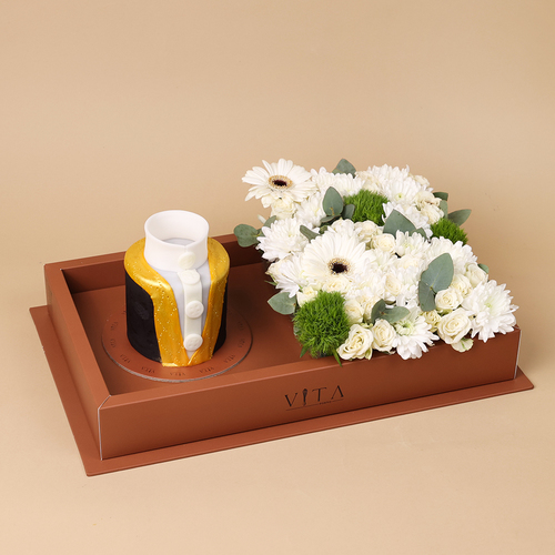Bistos - This box contains a chocolate cake and 12 pieces of chocolate, with an arrangement of roses, baby roses, gerberas, and green leaves.