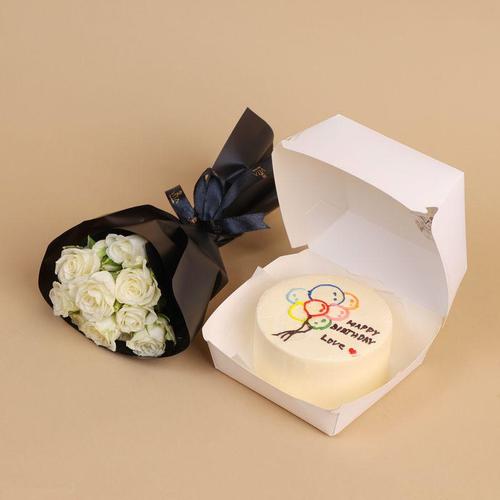 Celebration Bento 8 - Vanilla bento cake with a special baby roses mini bouquet