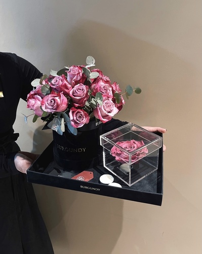 Infinity Tray - Burgundy Tray with a box of flowers, our signature Infinity Rose, and Burgundy Card.