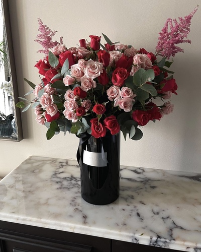 Sensation Vase - Pink baby roses, fuchsia baby roses, and astilbe flower.