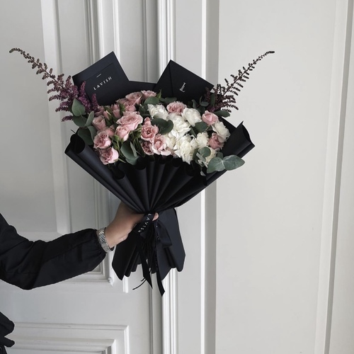 Bloom - pink majolika, astilbe, white carnations  and eucalyptus