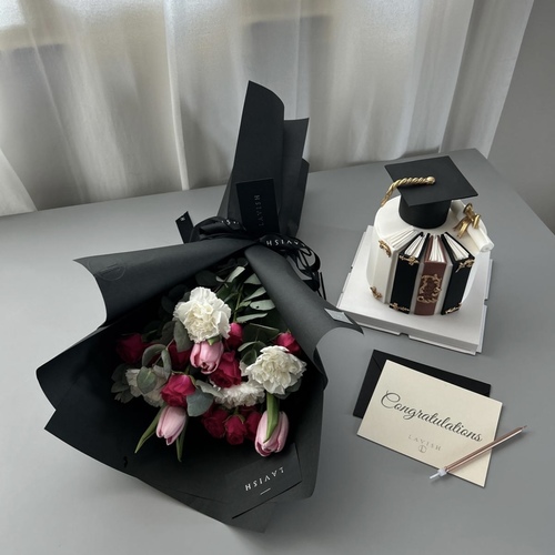 Lavish Flowers - 2025 Graduation Package - It contains a bouquet of flowers, a graduation cake, a candle, and a graduation card.