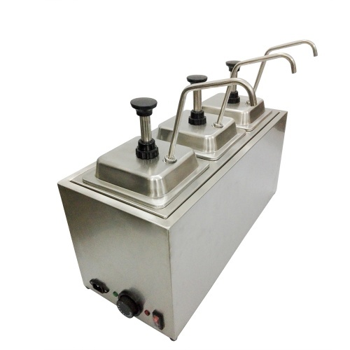 Electric Sauce Pump Dispenser 2L*3  C#557 - Sauce heater
Water bath system
Capacity 2 + 2 + 2 liters
 power 650 watts
 Dimensions: 600 * 250 * 450 mm. 
High quality 
made in China