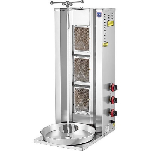 Shawarma 3 Burner Gas Manual C#183 - Shawarma machine 3 burners 
Contains kebab skewers holders
Shawarma skewer  capacity from 20 - 30 kg 
Dimensions: 430 * 555 * 1050 mm  Made in Turkey
 
Brand Remta