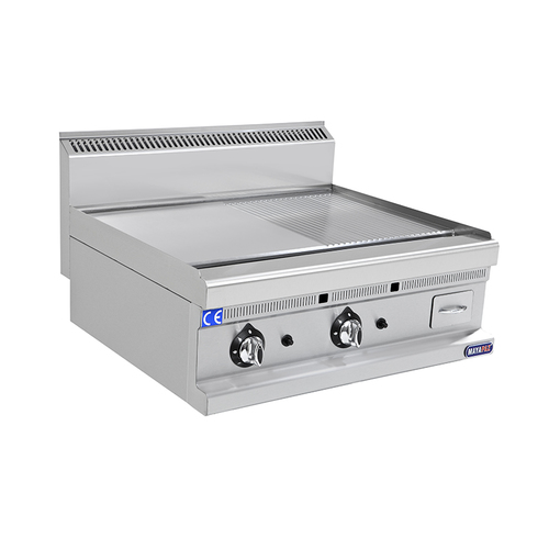 Grill 1/2 Smooth - 1/2 Grooved 700s Gas  C#155 - Grill 1/2 Smooth-1/2 Grooved Stainless steel body
Surface thickness 15mm
 Dimensions : 800*700*27 mm Made in Turkey Brand Mayapaz