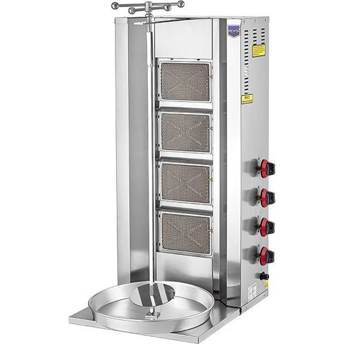 Shawarma 4 Burner Gas Manual C#184 - Shawarma machine 4 burners 
Contains kebab skewers holders
Shawarma skewer  capacity from 40 - 50 kg 
Dimensions: 500*560*1090 mm 
Made in Turkey Brand Remta