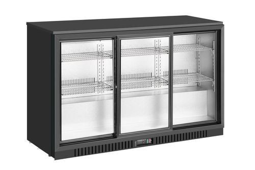 GLASS REFRIGERATOR THREE DOOR C#701 - .Voltage: 220-240V/50HZ
 power 190 w
 energy consumption 2.4 kw/24h
  Capacity 320L
 Fan cooling; Temperature 0~10℃
 Chrome shelves: 2 layers/door
 Outer cabinet pre-painted steel black color,
inside cabinet embossed aluminum.
 Donper compressor refrigerant: R600a  Sliding door Elitech controller Led lights
size: 1350x536x840mm