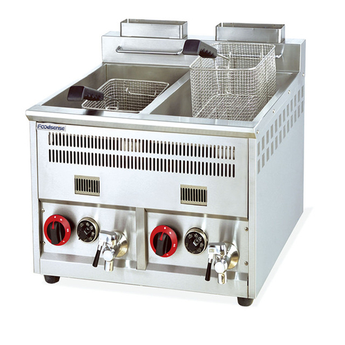 Gas fryer 8 + 8 liters (thermostat) two tanks #552 - With thermostat
Dimensions: 610*660*550MM  Capacity: 8L+8L Power: 41400Btu Gas Source: LPG or Natural Gas  N.W: 27Kg High quality made in China