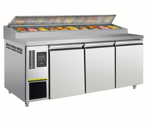 Owjar - refrigerator 3-door   with salad containers #899 - 1.8m 3doors pizza table (including 9units of S/S304
1/3*100mm GN pans)
220V50HZ, '+2~+10℃，
Power  350 w
size: 1800*800*1000mm
air cooling
S/S304 for in and out, normal white rack
Cubigel compressor, Gas: R290a,
adjustable standing , Big controller,