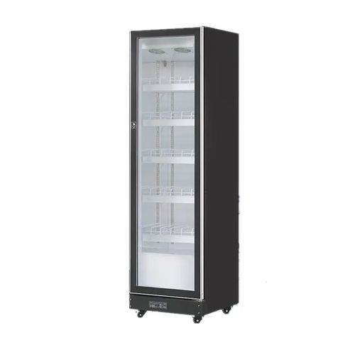 Single door glass upright refrigerator #915 - 1. External&internal material: painted steel;
2. Copper evaporator with copper ends
3. Voltage: 220V/50HZ;
4. Full glass door without heater,
5. Fan cooling;
6. 5 pieces per door of PVC shelf, with price tag;
7. Vertical led light;
8. Water tray: self-evaporation;
9. Switch for light and switch for on/off;
10 Digital temperature control;
11. Foam+crate pallet, with shipping label
12. Temperature 0~+10 ℃ 
13.size 620×635×1980 mm