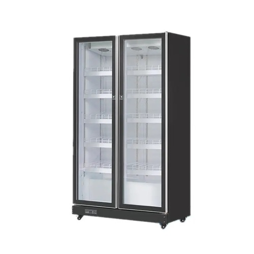 Double door glass upright refrigerator #916 - 1. External&internal material: painted steel;
2. Copper evaporator with copper ends
3. Voltage: 220V/50HZ;
4. Full glass door without heater,
5. Fan cooling;
6. 5 pieces per door of PVC shelf, with price tag;
7. Vertical led light;
8. Water tray: self-evaporation;
9. Switch for light and switch for on/off;
10 Digital temperature control;
11. Foam+crate pallet, with shipping label
12. Temperature 0~+10 ℃ 
13.size 1100×635×1980 mm