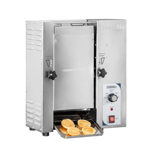 Vertical bread & bagel toaster, 1-Slice #961 - - Stainless steel housing
- ON/OFF switch
- Automatic conveyor
- Two-level platen for the top and bottom of the burger
- Production capacity: 700 toasts/hour
- Temperature adjustment by thermostat
- Frequency: 50/60 Hz
- Power: 1,5 kW / 230 V
- Dimensions: W 460 x D 320 x H 570 mm
- Weight: 17.5 kg
Brand MAYFAIR