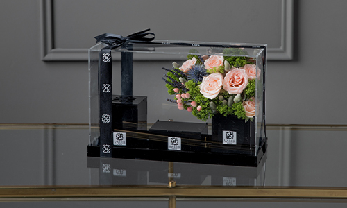 Durazno - An acrylic box contains baby roses, hypercom,  eryngium and mix of leaves with Belgian chocolates and mubkhar.
Height: 23cm Width: 35cm