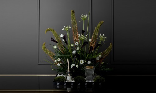 Eremurus II - A tray that contains eremurus, calla black, lesanthus, agapanthus white and philodendron leaves with mubkhar and diffuser.
Height: 70 cm, Width: 48 cm