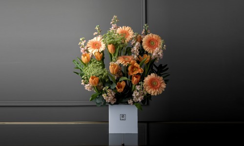 Naranja - A box contains gerbera, tulips, mathiola and philodendron leaves.
Height: 68 cm, Width: 50 cm