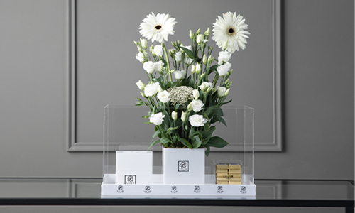 Hugo - The bouquet contains lisanthus, gerbera, rise flowers with mubkhar and Belgian chocolate.
Height: 59 cm, Width: 41 cm