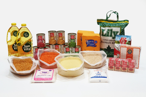 Indian Cuisine Food Box - Basmati Rice 5 KG | Masoor Dal (Red Lentils) 2 KG | Toor Dal (Yellow Lentils) 5 KG | Urdo Dal (White Mash) 2 KG |Semolina 2.5 KG | Brown Flour - All Baking Purpose 2X2 KG | Sunflower Cooking oil 2X1.5 L | 5 Canned Chickpeas | 3 Canned Green Peas | 3 Canned Kidney Beans | Tomato Paste  6X135g | Tea - 100 Tea Bags | sugar 1 KG | Salt 1 KG | Powder Milk 900g