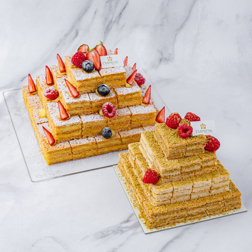 Mille-Feuille - Crispy Millefeuille with Vanilla cream, fresh fruits and chocolate sauce / Mille feuille Stuffed with pistachio and pistachio sauce