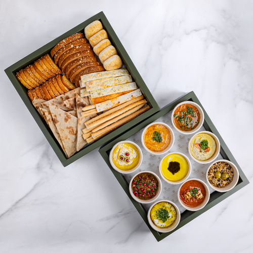 Crunch N Dip - Crunchy bread Box(Simit, Peta bread, Sour Dough, Irani Bread, Crispy bread, Bread Sticks)                Dip Box (Eggplant, Falafel, Empress special, Muhamara, Fresh zaatar, Halloumi mix, shanklesh, Foul, labnah olives)