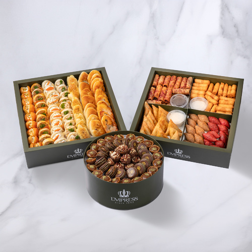 Gathering Zwara Box - Finger Bites 40 Pcs& Mawaleh 30 pcs, Crispy Bites 72 pcs, Coffee Sweets 900 gram.